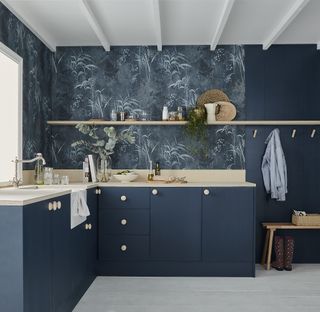 dark blue contemporary wood kitchen with dark botanical wallpaper
