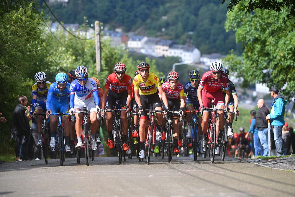 Dylan Teuns leads the group up a climb at Wallonie