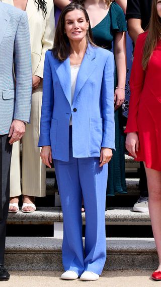 Queen Letizia of Spain stands with her family as they attend several audiences at the Zarzuela Palace on July 17, 2024