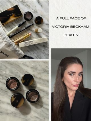 Review graphic with flatlay of Victoria Beckham Beauty products and selfie