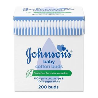 A close up of a box of Johnson's baby cotton buds