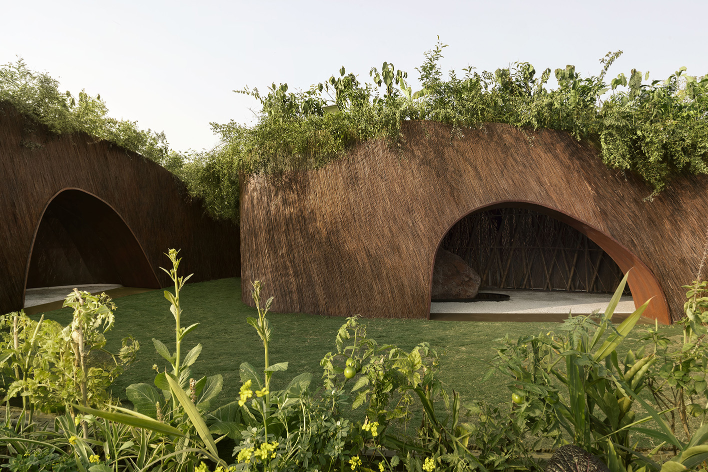 The Aranyani Pavilion seen in its green setting that highlights its natural materials and organic construction