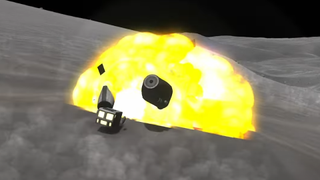 An image of a Frontier ship from Starfield in Kerbal Space Program, blowing up the moment it makes contact with the surface of the moon.