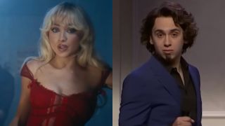 L to R: Sabrina Carpenter in a red dress for the Please Please Please music video. Marcello Hernandez as Domingo on Saturday Night Live.