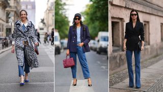 A composite of street style influencers showing jeans be business casual with heels