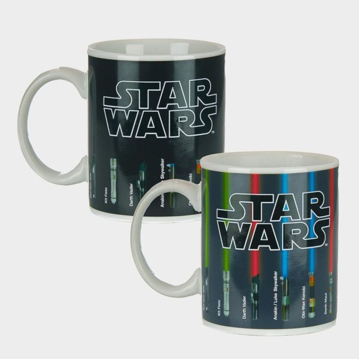 Paladone Star Wars Lightsaber Heat-Change Mug in 'on' and 'off' modes, against a plain background