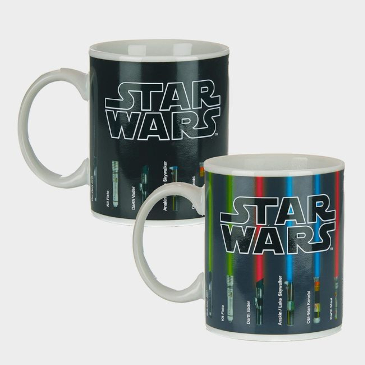 Paladone Star Wars Lightsaber Heat-Change Mug in &#039;on&#039; and &#039;off&#039; modes, against a plain background