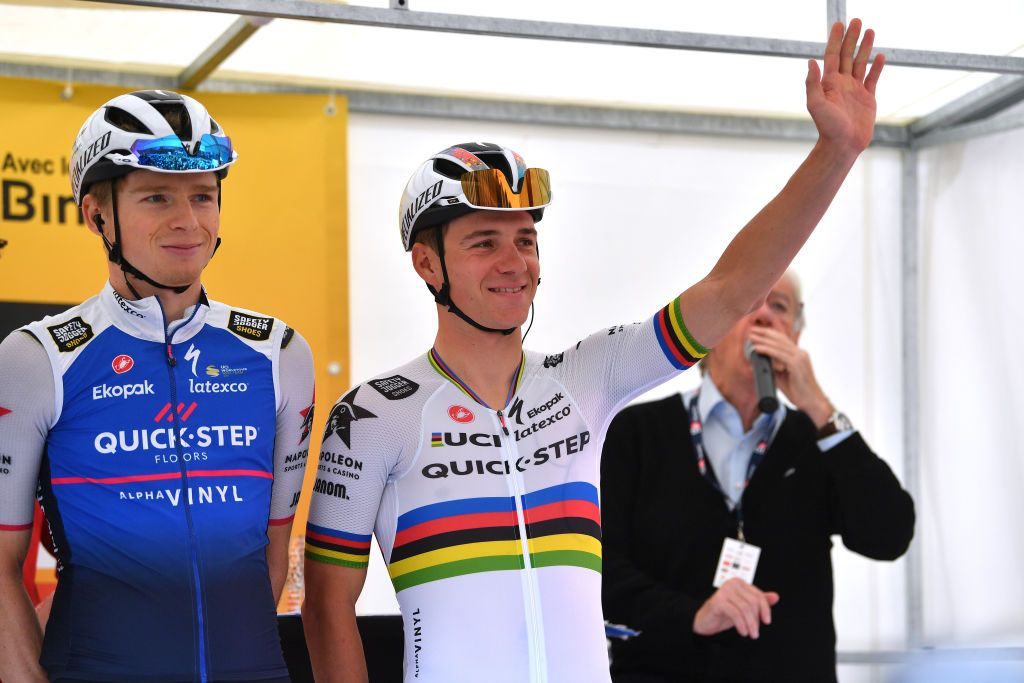 BINCHE BELGIUM OCTOBER 04 LR Stan Van Tricht of Belgium and Remco Evenepoel of Belgium and Team QuickStep Alpha Vinyl prior to the 35th Binche Chimay Binche Memorial Frank Vandenbroucke 2022 a 1986km one day race from Binche to Binche BincheChimayBinche on October 04 2022 in Binche Belgium Photo by Luc ClaessenGetty Images