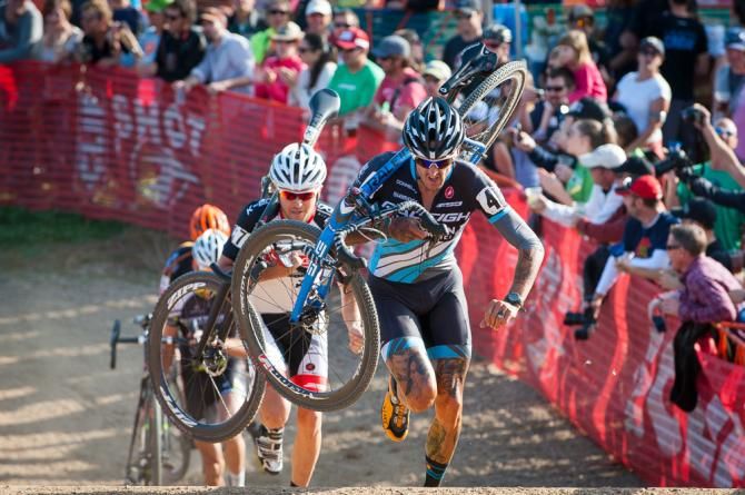 Ben Berden (Raleigh Clement) leading Danny Summerhill (K-Edge) and two other racers up The 5280' Run-Up during the opening lap of the race. Boulder Cup.