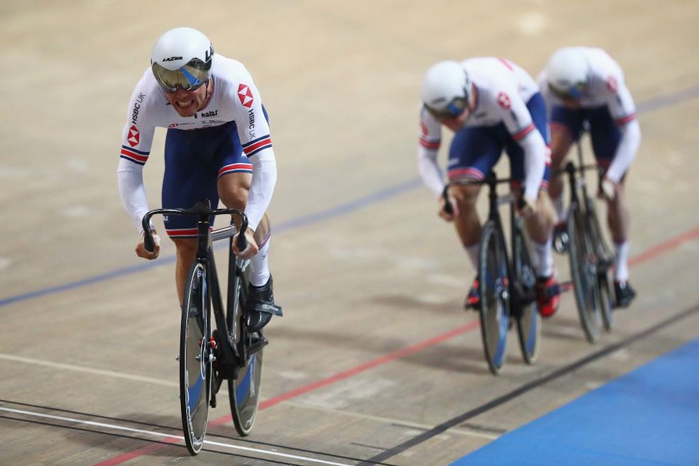 Ryan Owens, Philip Hindes, Jason Kenny of Great Britain compete in the Men's team sprint qualifying on day one of the UCI Track Cycling World Championships