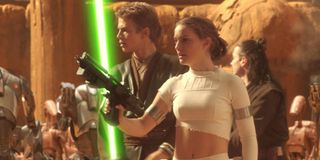 Hayden Christensen and Natalie Portman armed in the arena in Star Wars: Episode II - Attack of the Clones.