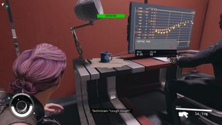 Starfield - the playable character crouches stealthily with their sights trained on a mug sitting on a desk where someone sits behind a computer