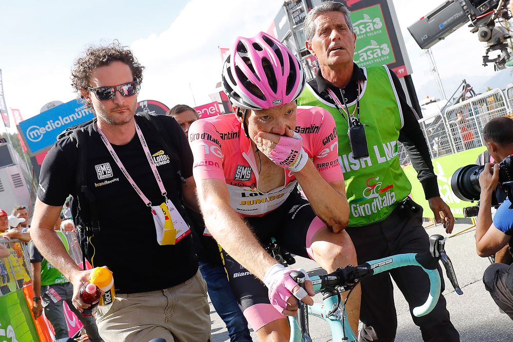 Steven Kruijswijk of team (LottoNL-Jumbo) after the finish of stage 19, in which he crashed in the Colle dell'Agnello downhill
