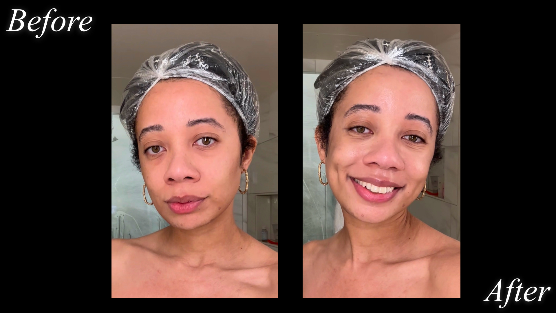 a woman with glowing skin and her hair secured in a plastic headwrap