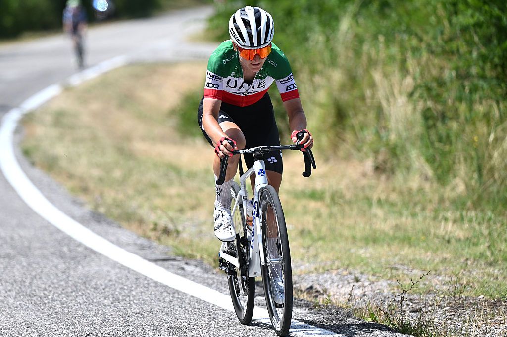 MONTE NERONE, ITALY - JULY 12: Elisa Longo Borghini of Italy and UAE Team ADQ competes in the chase group during the 36th Giro d'Italia Women 2025, Stage 7 a 150km stage from Fermignano to Monte Nerone 1396m / #UCIWWT / on July 12, 2025 in Monte Nerone, Italy. (Photo by Luc Claessen/Getty Images)