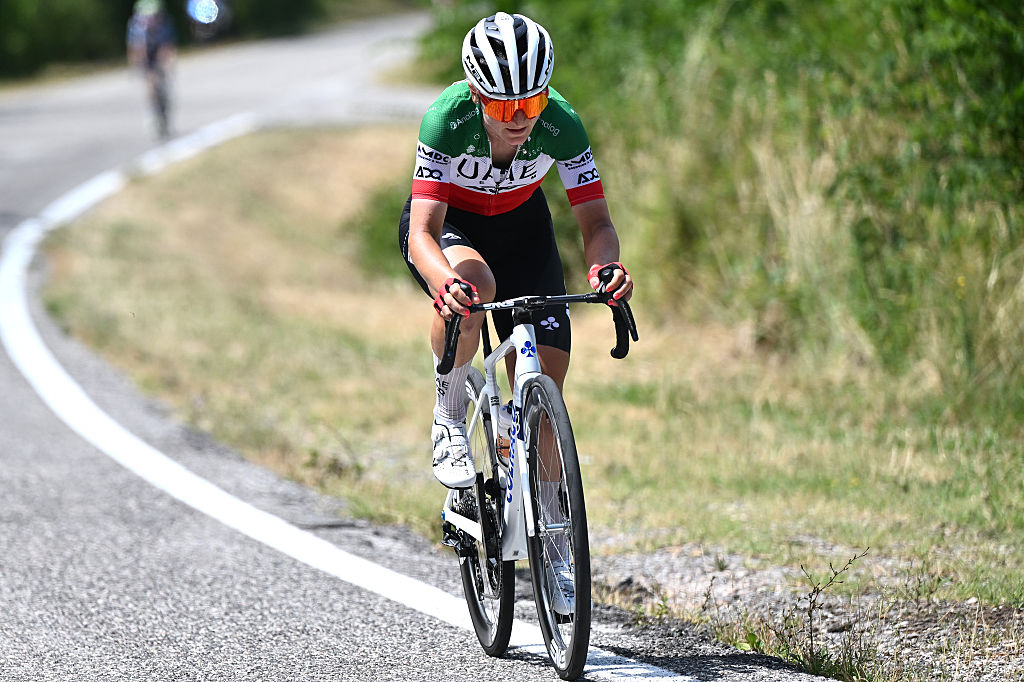 MONTE NERONE, ITALY - JULY 12: Elisa Longo Borghini of Italy and UAE Team ADQ competes in the chase group during the 36th Giro d'Italia Women 2025, Stage 7 a 150km stage from Fermignano to Monte Nerone 1396m / #UCIWWT / on July 12, 2025 in Monte Nerone, Italy. (Photo by Luc Claessen/Getty Images)