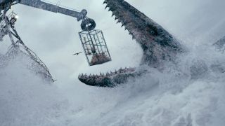 A hungry Mosasaurus threatens a fishing boat in Jurassic World Dominion.