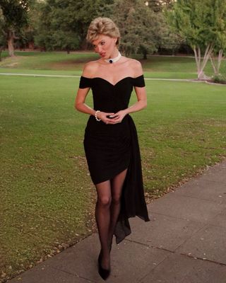 Elsa Hosk wearing costume resembling Princess Diana's revenge dress on Halloween 2024