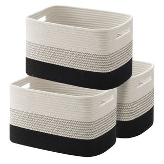 Three black and white storage baskets