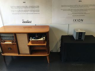 A Tandberg radio with pull-out turntable (left) and the Maestro (right), the product it inspired