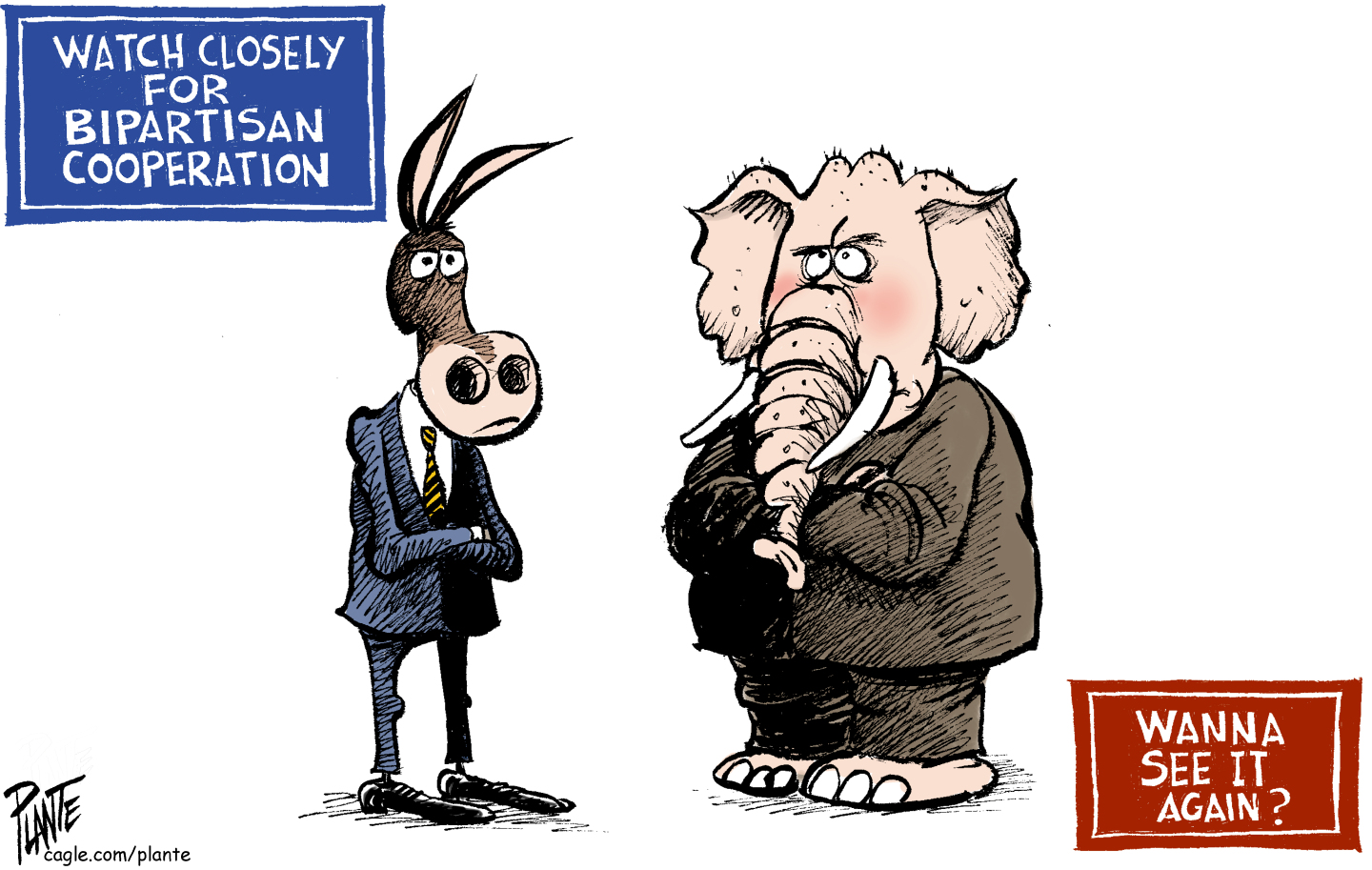 A donkey and an elephant in suits stand with their arms crossed in this cartoon, which is titled &amp;ldquo;Watch Closely for Bipartisan Cooperation.&amp;rdquo; A note at the bottom right reads, &amp;ldquo;Wanna see it again?&amp;rdquo;