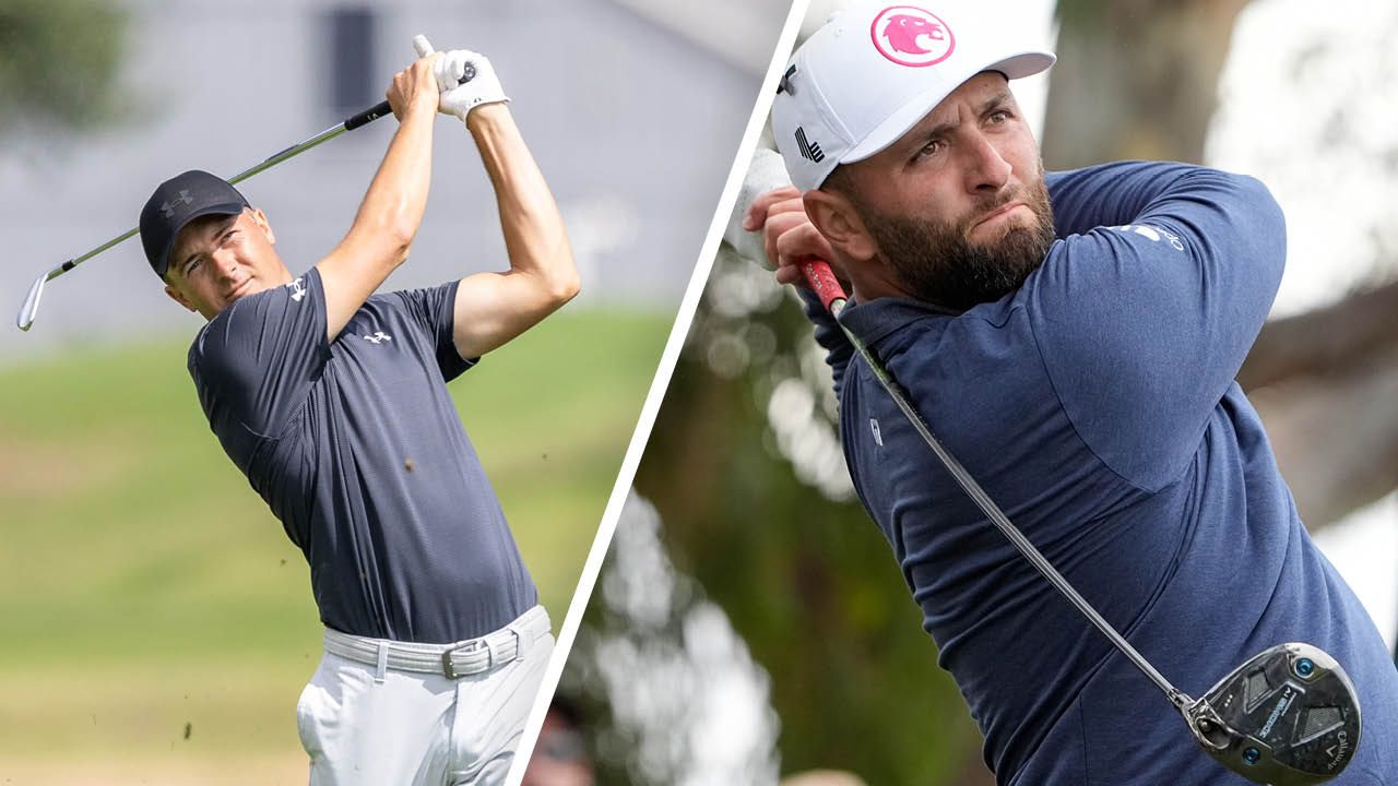 Jordan Spieth and Jon Rahm hitting a golf shot