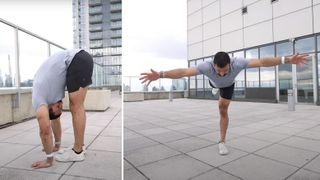 Shervin in two yoga poses, on a rooftop