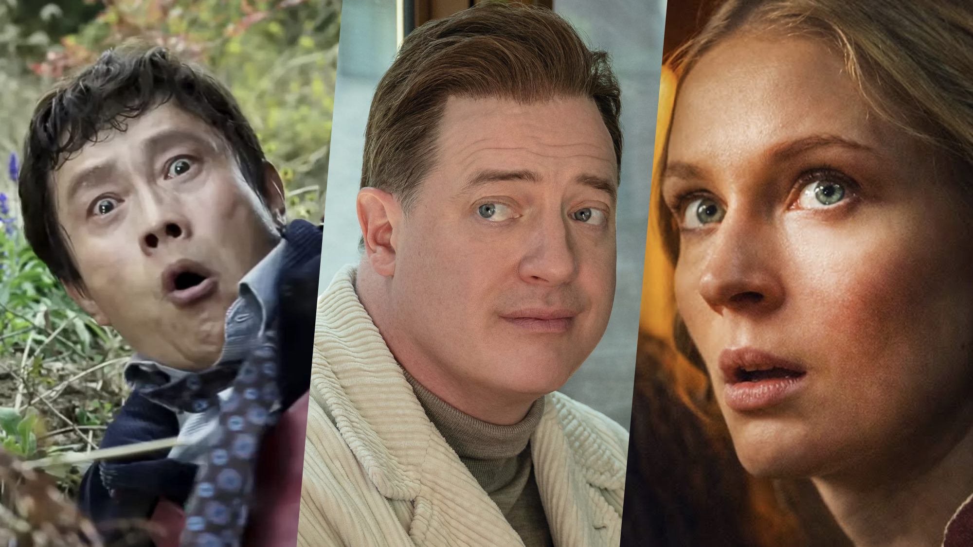 L-R: A photo collage containing a shocked Lee Byung-hun in a scene from Park Chan-wook's "No Other Choice," Brendan Fraser in a toothpaste mascot costume in "Rental Family" and Sophie Turner in &ldquo;The Dreadful&rdquo;