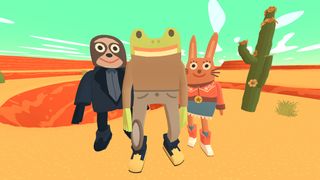 Frog Detective stands with friends in a desert