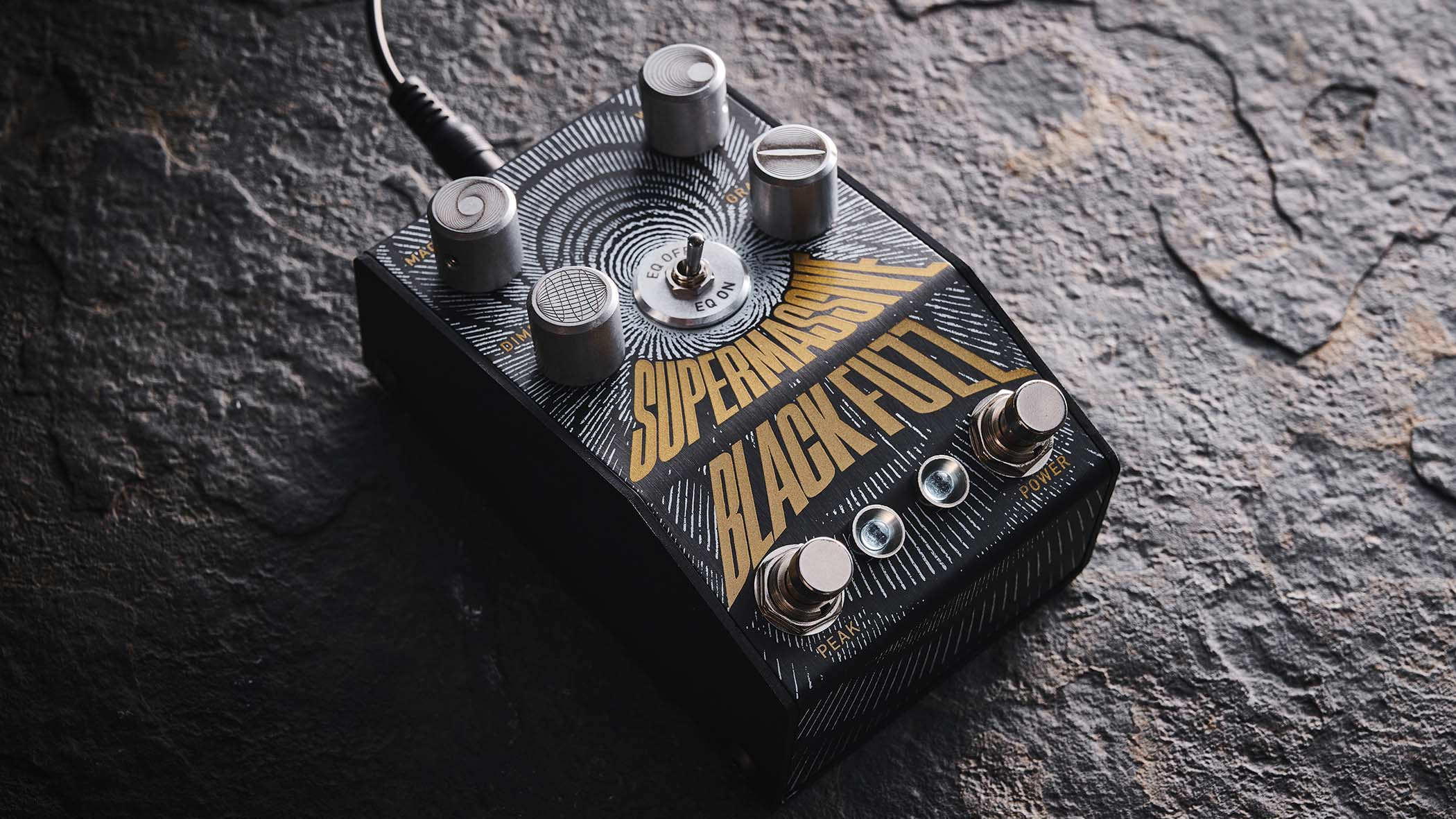 The Manson Guitar Works Supermassive Black Fuzz has control knobs crafted from exceedingly strong 6082 T6 aluminium and each is engraved with unique custom art to&amp;nbsp;represent its function