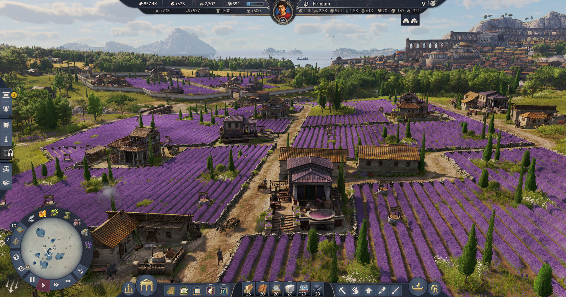 A closeup of purple fields in Anno 177: Pax Romana
