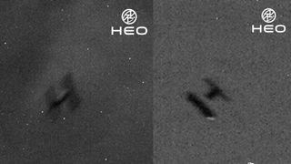 two grainy images of an H-shaped satellite appearing as a black silhouette against the background of a few dozen stars