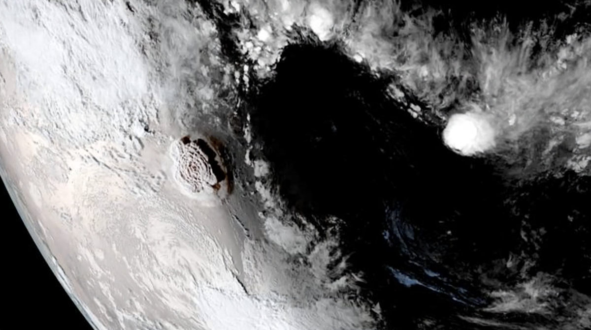 NOAA&#039;s GOES West satellite captured this stunning view of an explosive eruption of the Hunga Tonga-Hunga Ha&#039;apai volcano, located in the South Pacific Kingdom of Tonga, on Jan. 15, 2022.