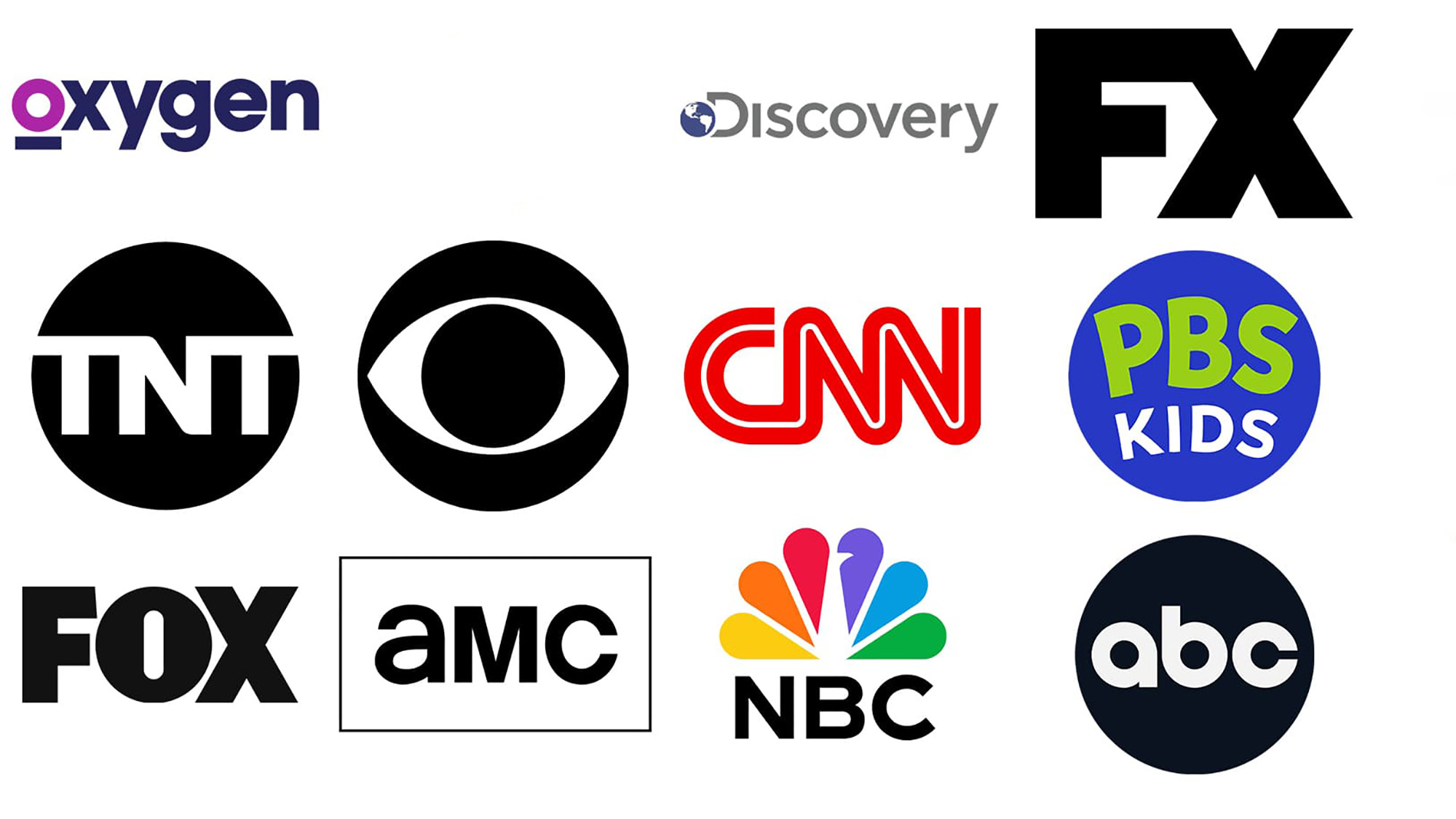 Oxygen, TNT, Fox, CBS, NBC, AMC, Discovery, CNN, PBS, FX and ABC logos mashed together in one pic. 