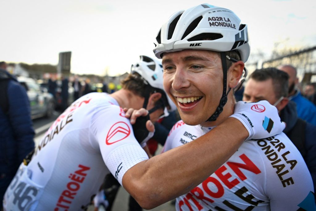 Belgian Greg Van Avermaet of AG2R Citroen and French Benoit Cosnefroy of AG2R Citroen pictured after the race radio wrongly pronounced Cosnefroy as winner after the men elite Amstel Gold Race one day cycling race 2541 km from Maastricht to Valkenburg The Netherlands Sunday 10 April 2022 BELGA PHOTO ERIC LALMAND Photo by ERIC LALMAND BELGA MAG Belga via AFP Photo by ERIC LALMANDBELGA MAGAFP via Getty Images