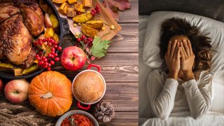 A spread of Thanksgiving food including pumpkins and turkey next to a woman who can't sleep