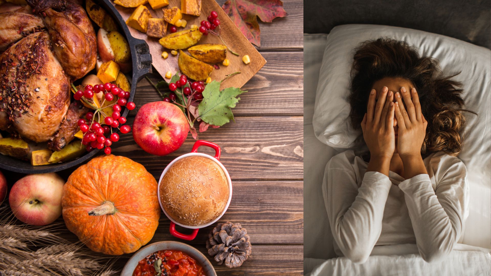 A spread of Thanksgiving food including pumpkins and turkey next to a woman who can't sleep