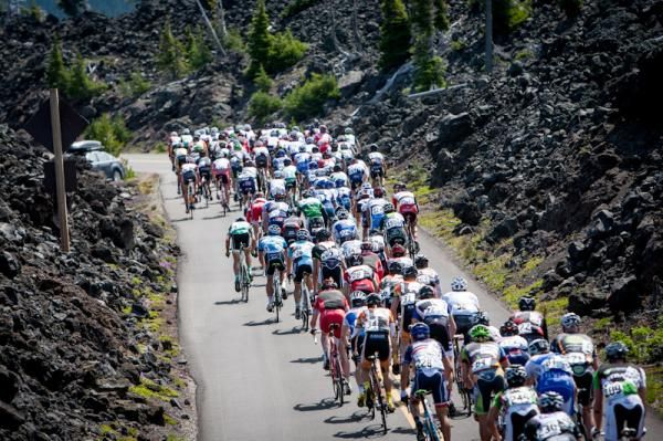 The peloton goes through the McKenzie Pass lava fields.