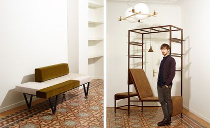 Federico Peri (pictured right) in his Milan studio with ‘Biblioteca Itinerante’, a take on a chaise longue that includes a lamp, shelving and a second, upright seat. Hanging is one of his ‘Shapes’ blown glass lamps in a brass frame with leather finishing. Pictured left is the designer’s ’Panchetta’ sofa
