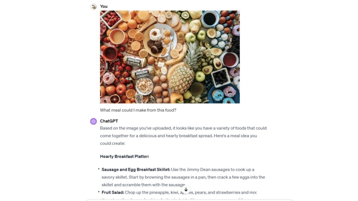 Screenshot showing an uploaded photo of some food on GPT-4 and ChatGPT's meal suggestions.