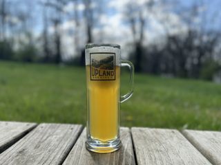 A tall mug of golden cloudy beer sits on the edge of a wooden porch, with a grassy yard behind, and tall trees hiding a bright blue sky at the horizon.