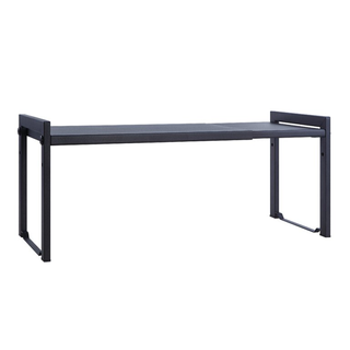 A black adjustable riser shelf made of metal