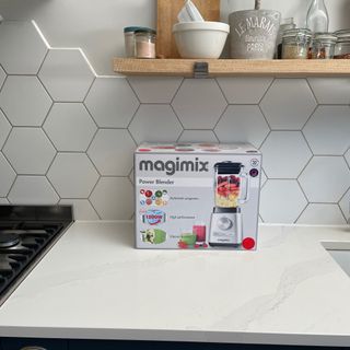 Magmix Power Blender box on marble counter top