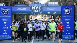 The start line of the 2023 United Airlines NYC Half Marathon