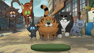 Cartoon cats find a cucumber