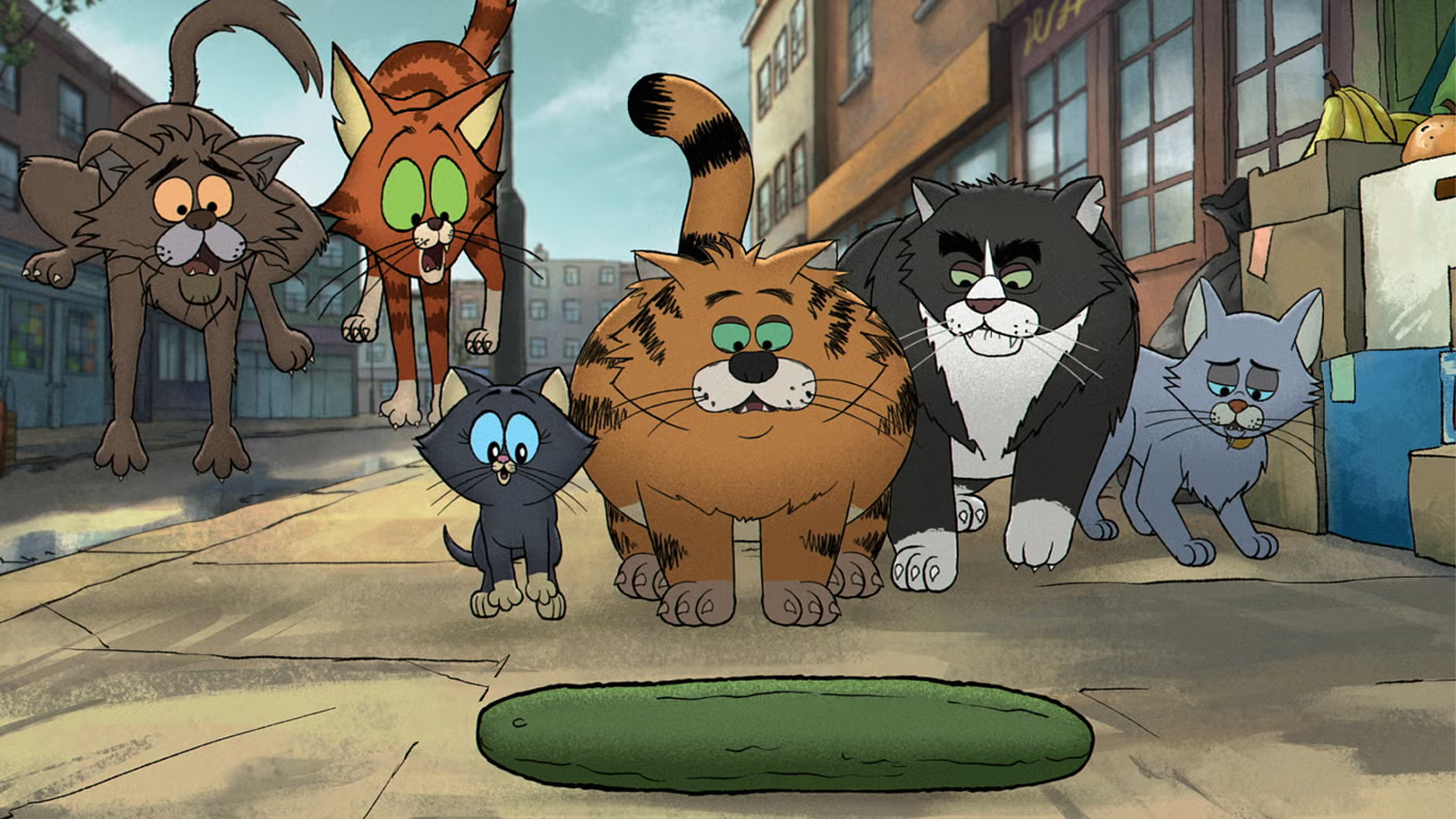 Cartoon cats find a cucumber
