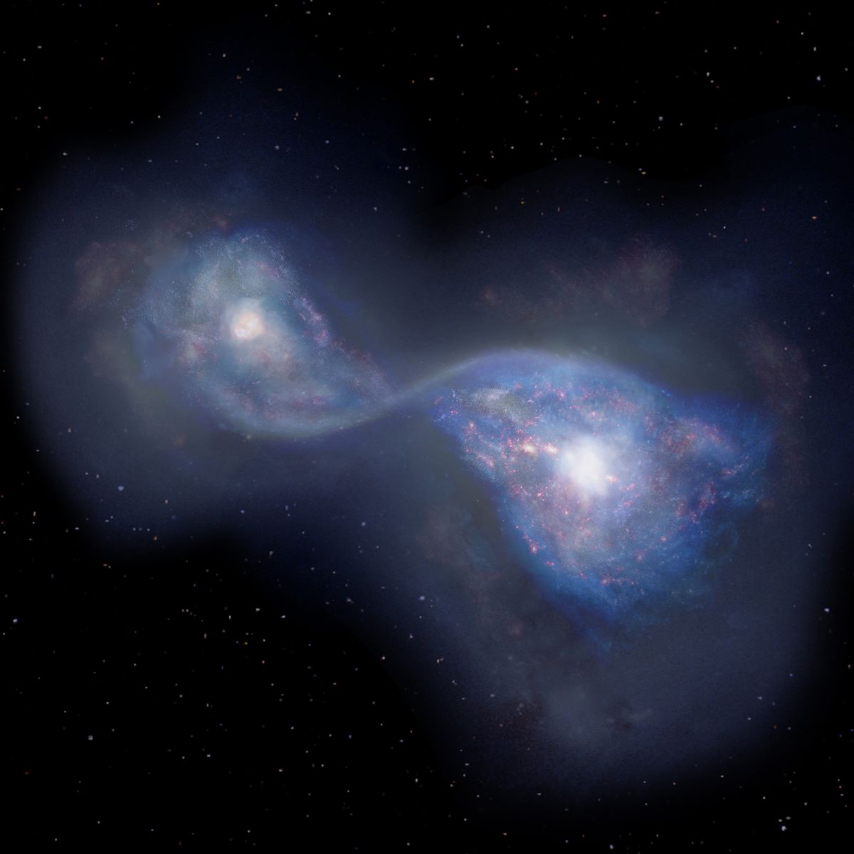 Artist&#039;s impression of the merging galaxies, together forming the object B14-65666, located 13 billion light-years away.