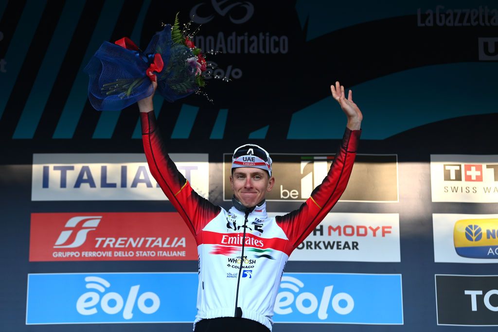 BELLANTE ITALY MARCH 10 Tadej Pogacar of Slovenia and UAE Team Emirates celebrates at podium as stage winner during the 57th TirrenoAdriatico 2022 Stage 4 a 202km stage from Cascata delle Marmore to Bellante 345m TirrenoAdriatico WorldTour on March 10 2022 in Bellante Italy Photo by Tim de WaeleGetty Images