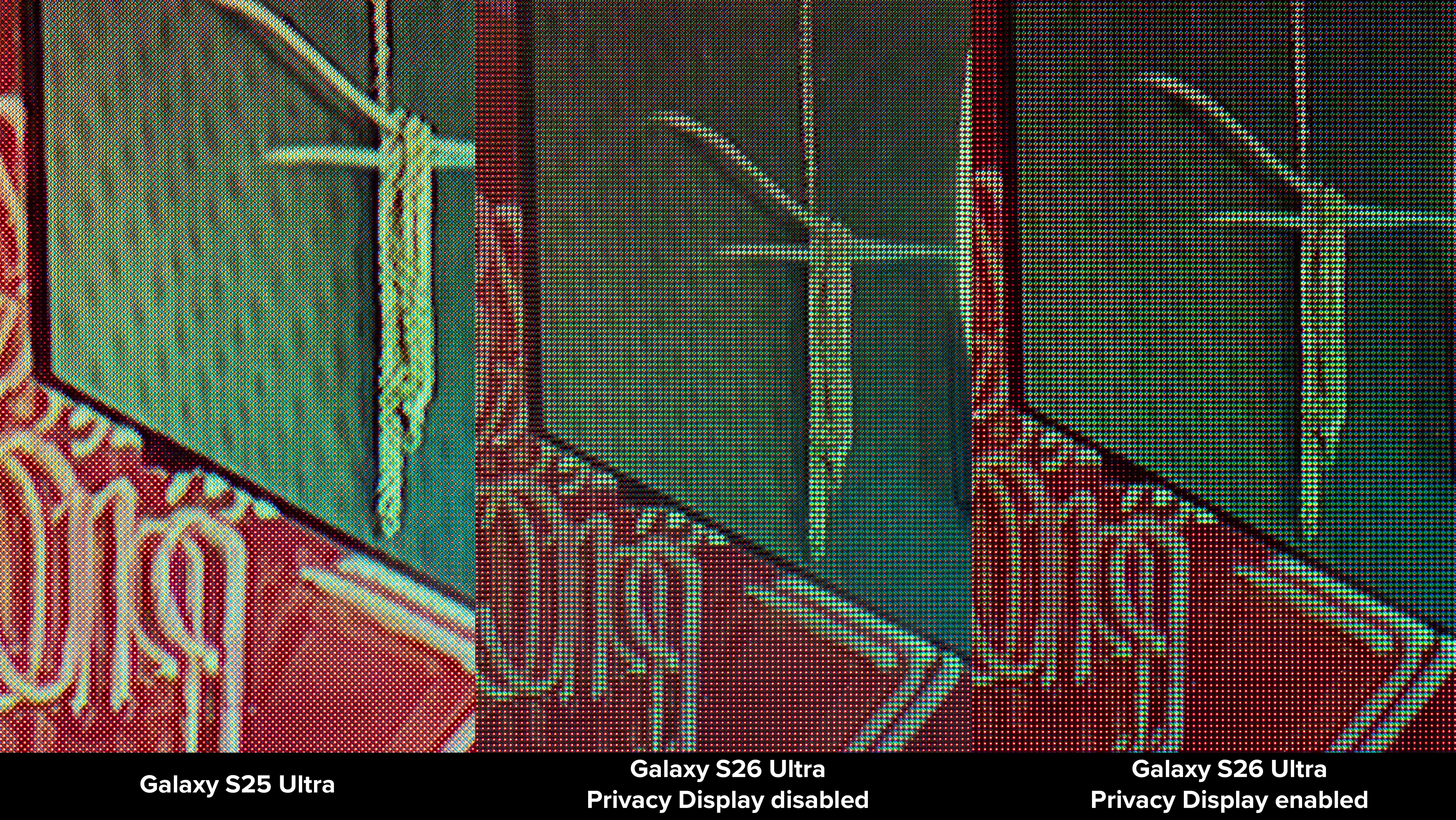 Comparing the pixel density on a Samsung Galaxy S26 Ultra with Privacy Display enabled and disabled, to a Galaxy S25 Ultra displaying the same picture
