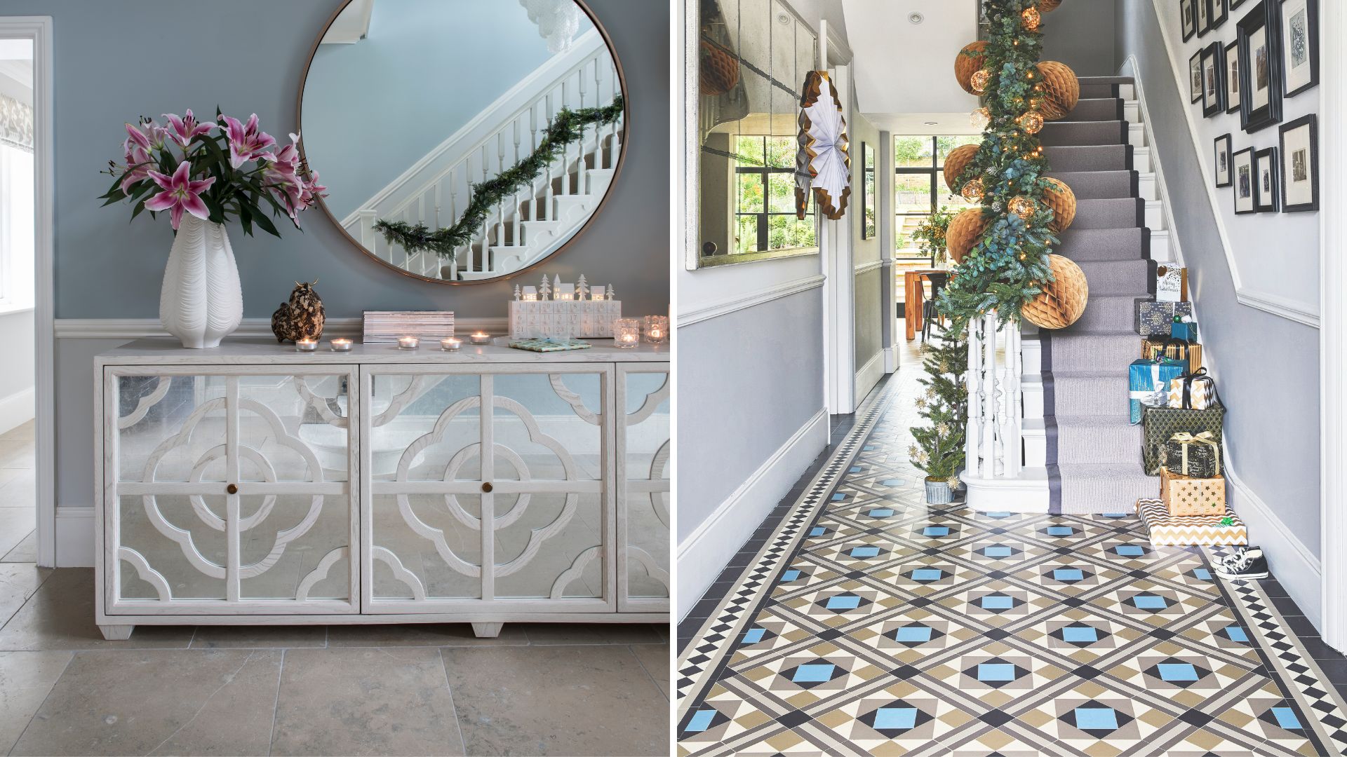 Split image of two hallways decorated for Christmas